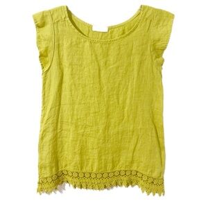 Terzo Millennio 100% Linen Short Cap Sleeve Blouse Crocheted Lace Hem Chartruese